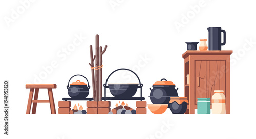 Rustic kitchen setup with traditional cookware and wooden furniture