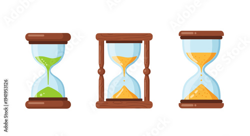 Colorful hourglasses with wooden frames showing flowing sand in glass