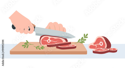 Flat design of slicing meat on cutting board with knife and herbs