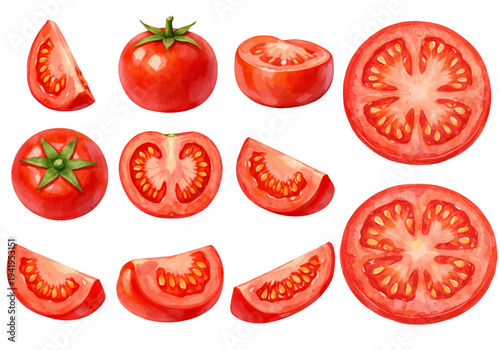 A charming watercolor collection of fresh tomatoes featuring whole fruits, slices, and wedges illustrated in a vibrant culinary food style.