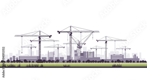 Urban cityscape with construction cranes and skyline silhouette