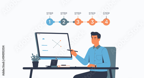 Vector illustration of businessman working on computer with graph on screen and workflow steps