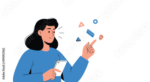Vector illustration of woman interacting with mobile phone and augmented reality elements