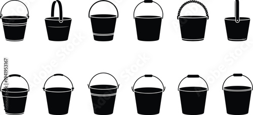 Collection of twelve black silhouette of various buckets with different handle styles and shapes for diverse applications and purposes