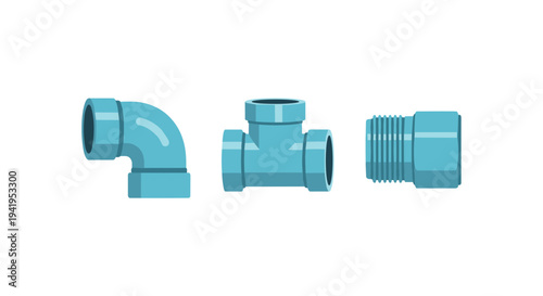 Set of blue pipe fittings: elbow tee and connector in flat design
