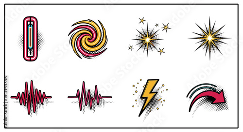Retro pop art comic elements: stars swirls lightning and arrows in
