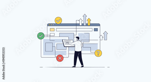 Vector illustration of a man with a laptop and web interface icons