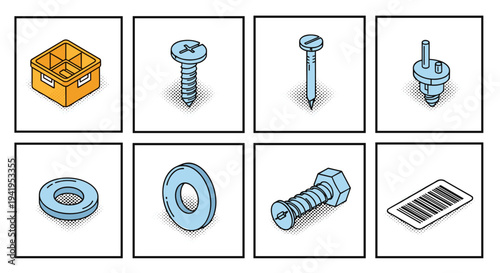 Isometric tools and hardware icons set with vintage comic style