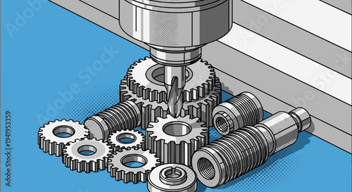 Industrial machinery and gear mechanism in detailed isometric style