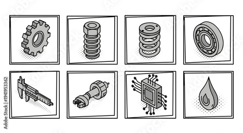 Industrial icons set: mechanical gear spring circuit tools and more