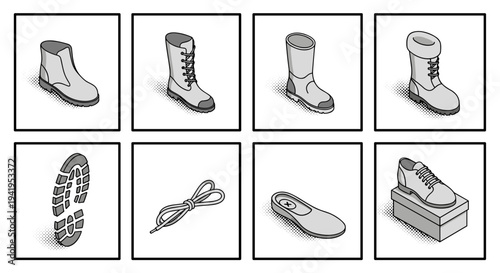 Isometric shoe and boot collection with accessories and patterns