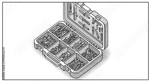 Isometric toolbox with organized hardware in monochrome style