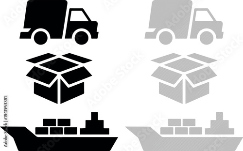 Logistics Icons with Trucks, Containers and Cargo Ship