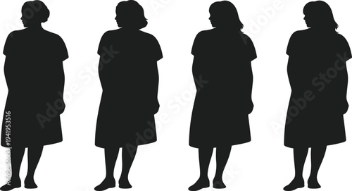 Four black silhouettes of women standing side-by-side, each wearing a long dress and facing slightly away from the viewer