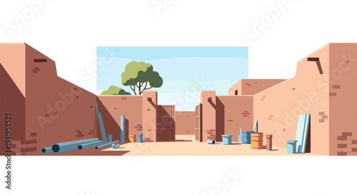 Flat style construction site with brick walls and building materials