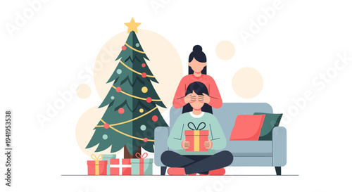 Festive surprise: woman covering man's eyes with gift by christmas