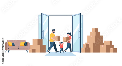 Family moving day with boxes in new home