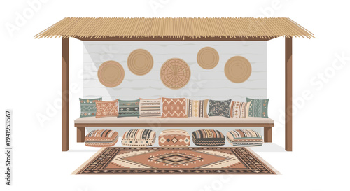 Cozy bohemian outdoor lounge with patterned pillows and woven decor