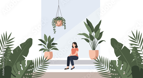 Minimalist indoor jungle with woman relaxing among lush greenery and