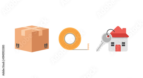 Home moving essentials: cardboard box tape roll and house with key
