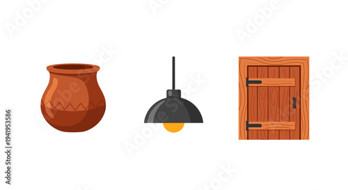 Collection of rustic pottery pendant lamp and wooden door on white
