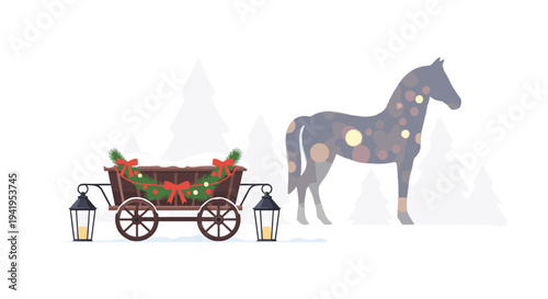 Festive holiday scene with decorated wagon and horse silhouette