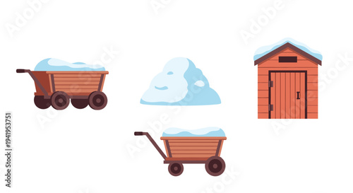 Winter mining concept: snowy carts shed and snow heap in flat design