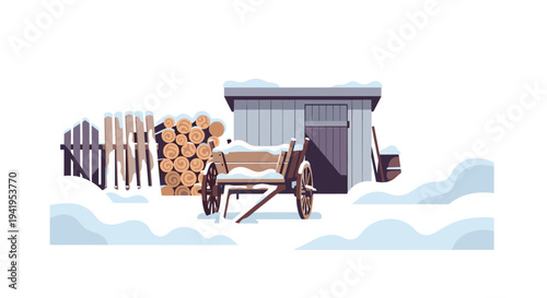 Rustic winter scene with snow-covered wooden cart and shed in flat