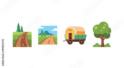 Flat style countryside elements: road caravan tree and hills for