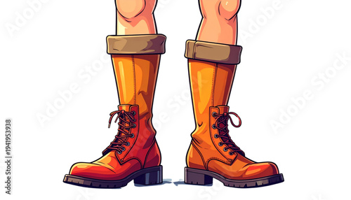 A pair of orange boots with brown cuffs on a person's legs on transparent background