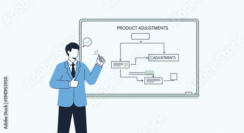 Vector illustration of businessman explaining product adjustments flowchart