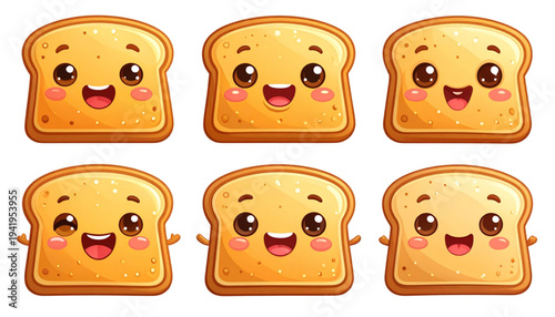 A set of six cartoon toast slices with happy faces on transparent background