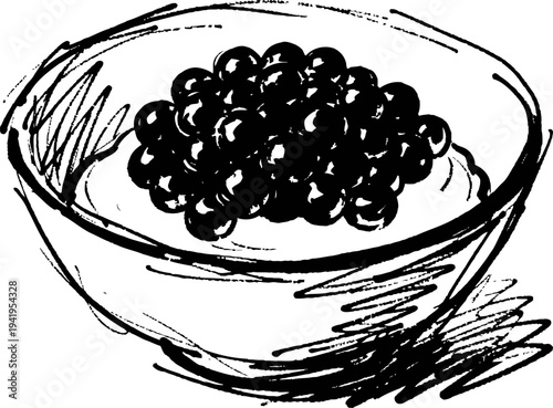 Hand drawn black caviar in a bowl sketch, gourmet delicacy seafood ingredient illustration