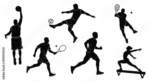 Dynamic sports figures in action including basketball tennis soccer and gymnastics silhouette high quality professional detailed