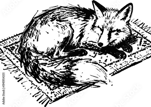 Sleeping fox curled up on a textured rug with detailed fur and tail, hand drawn wildlife illustration
