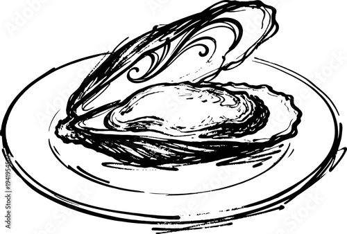 Open oyster on a plate black and white sketch seafood shell with intricate patterns and meat inside