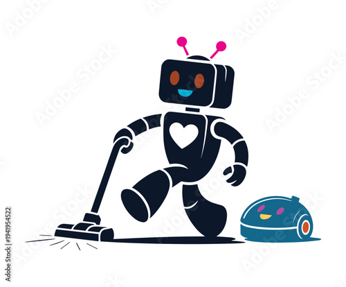 Robot with heart cleans floor next to small robot cleaning.