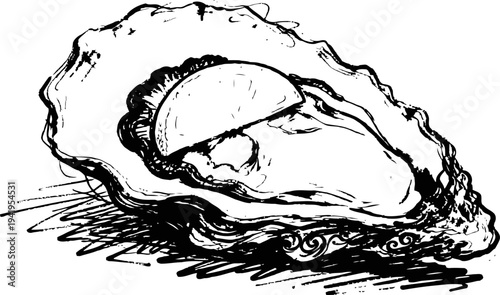 Detailed black and white oyster illustration with half lemon wedge on top, seafood shell, marine delicacy sketch