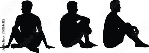 Three distinct black silhouette figures of a man sitting in various contemplative or relaxed poses, isolated on a white background