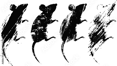 Abstract black mouse silhouettes fading and dissolving in artistic ink brush stroke