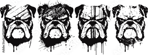 Grunge bulldog faces in black ink splash illustration set