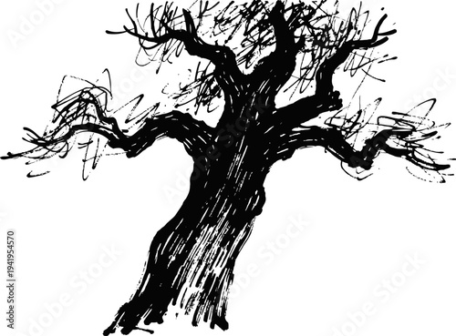 old twisted tree silhouette with gnarled branches and textured bark in black ink