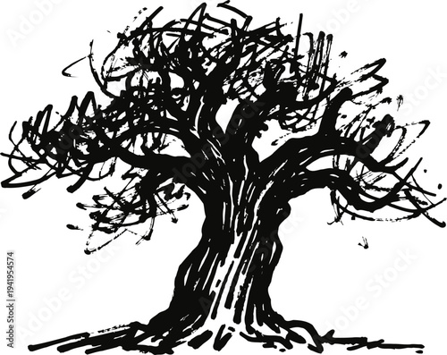 Gnarled old tree silhouette with dense branches and textured trunk on white background