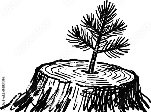 Pine seedling growing from tree stump illustration new growth, nature regeneration, forest renewal concept
