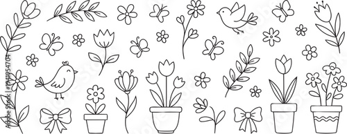 Elegant Springtime Flora: a set of delicate sketches of spring flora, including flowers, butterflies, and charming birds, each piece a testament to the awakening beauty of spring 