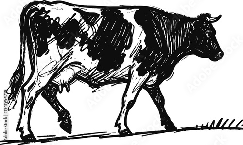 Black and white dairy cow walking on grass hill side vintage sketch illustration