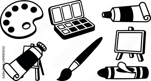 Black and white vector art set of art supplies palette painting brush watercolor paint tubes and easel icon collection