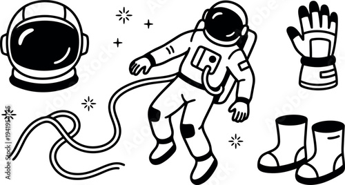 Minimalist black and white vector astronaut floating with helmet glove and boots isolated space suit elements