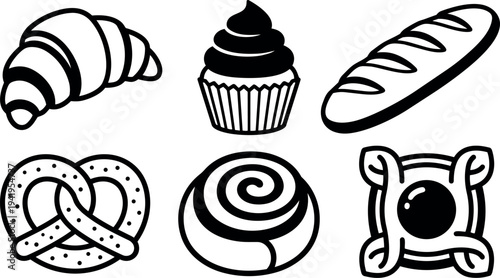 Black and white vector art bakery pastry icons with croissant cupcake baguette pretzel cinnamon roll and candy simple outline style