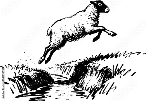 Black and white illustration of a sheep jumping over a narrow stream in a grassy field